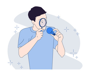 Man in minimalist line art style using magnifying glass to examine a blue light bulb, on abstract background. Concept of analysis and innovation. Vector illustration