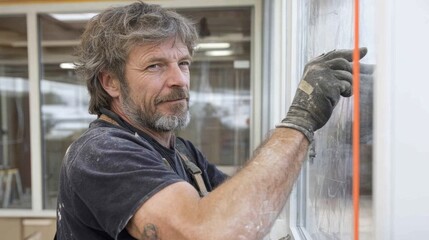 A skilled craftsman working on a window frame installation, demonstrating expertise in home improvement and precision craftsmanship.