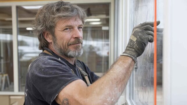 A skilled craftsman working on a window frame installation, demonstrating expertise in home improvement and precision craftsmanship.