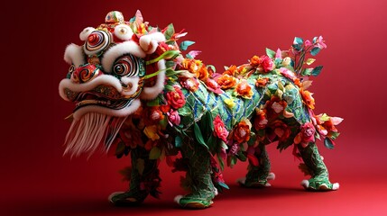 A beautifully crafted lion dance costume with colorful details set against a festive red background for a cultural celebration
