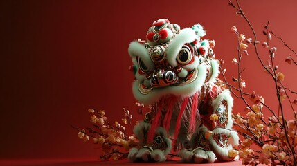 A beautifully crafted lion dance costume with colorful details set against a festive red background for a cultural celebration