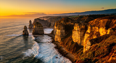 coastal cliff at sunset, waves crashing below