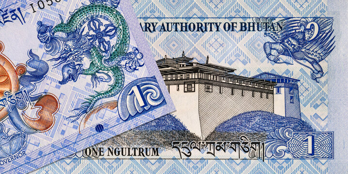 1 ngultrum banknote of Bhutan with the image of Simtokha Dzong Palace, fragment for designers. Paper money of Bhutan.
