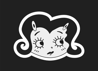 Stylized cartoon female face with wide eyes and curly hair in black and white, simple bold lines on dark background. Concept of retro comic emotion. Vector illustration