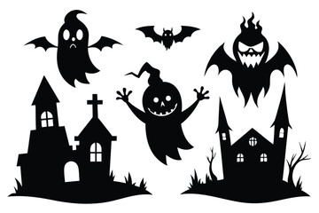 Spooky Halloween Black Silhouettes featuring Ghost, Haunted House, and Bat on White