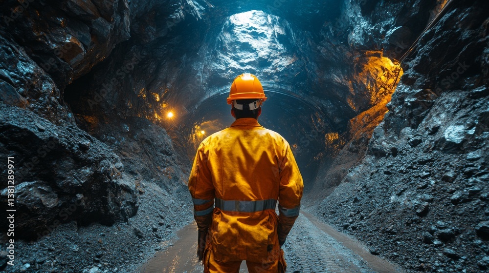 Poster a worker in an orange suit and helmet stands in an underground mining tunnel, illuminated by artific