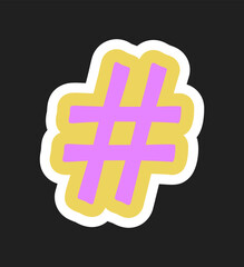 Bright purple hashtag symbol over a yellow shape with white outline, bold cartoon style on dark background. Concept of social media, communication. Vector illustration