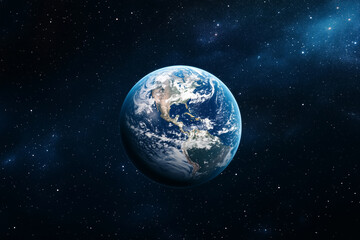 Fototapeta premium blue and white planet in the middle of the night sky. The planet is surrounded by a lot of stars