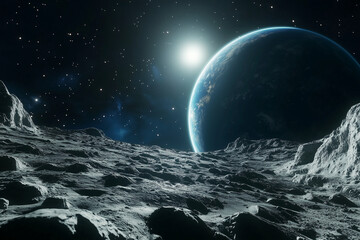 rocky, barren landscape with a large planet in the background. The planet is surrounded by a bright light, which gives the scene a sense of mystery and wonder