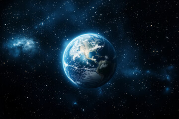 blue and white planet in the middle of a dark sky. The planet is surrounded by a lot of stars