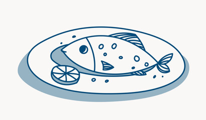 Whole cooked fish served on a plate with lemon slice, drawn in minimalist line art style, on light background. Concept of seafood cuisine. Vector illustration