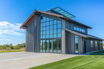 Modern architectural design featuring a large glass facade in a serene countryside setting with lush greenery and a clear blue sky