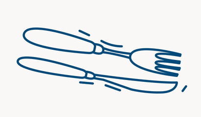 Minimalist line art of a fork and knife with decorative motion lines, in blue outline style on a light background. Concept of dining and utensils. Vector illustration