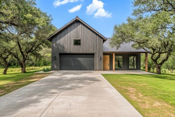 Nestled among towering trees, a contemporary rural house stands proudly under the radiant sun, featuring a generous driveway and a vibrant blue sky above