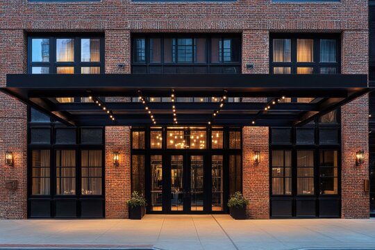 Elegant brick facade of a boutique hotel entrance featuring warm lighting, modern design, and a welcoming atmosphere in an urban setting at twilight