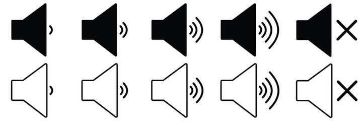 Set of  Speakers Icon Set - Audio, Sound System, Music Vector. Set of no sound, No speaker icon. Sound Icons. speaker mute icon sign. Volume Off symbol. Silent of vector illustration 