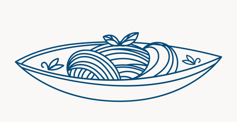 A bowl of pasta with basil leaves in a clean, minimalist line art style on a light background. Concept of Italian food and simple cuisine. Vector illustration