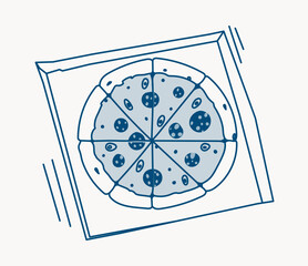 A whole pepperoni pizza with eight slices in an open box, drawn in minimalist line art style on a light background. Concept of food delivery. Vector illustration