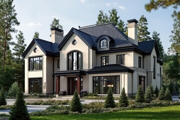 An elegant, contemporary house is nestled among tall trees in a peaceful neighborhood, basking in the warm sunlight of a clear daytime sky, surrounded by vibrant, lush greenery