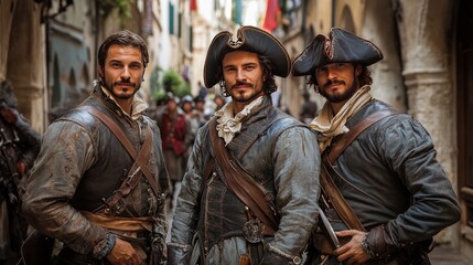 Obraz premium Musketeers posing in alley during carnival celebration