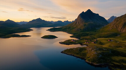 Fototapeta premium Aerial view of Lofoten Islands showcasing stunning landscapes and nature