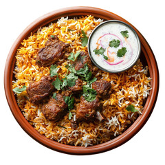 Mutton biryani with raita on the side, isolated on a transparent background.