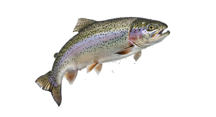 Naklejka premium Rainbow Trout Jumping Freshly with Water Droplets on White Background