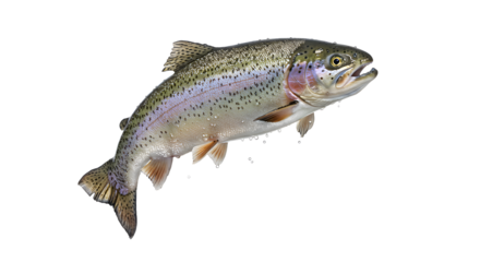 Rainbow Trout Jumping Freshly with Water Droplets on White Background
