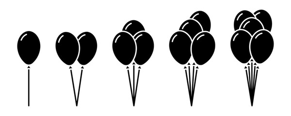 Set of balloons vector icons set. Black silhouette with bunch balloons with rope. Flying balloon. © Міша Герба
