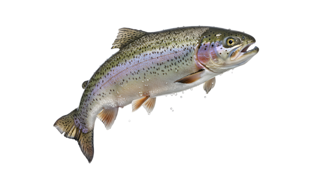 Rainbow Trout Jumping Freshly with Water Droplets on White Background