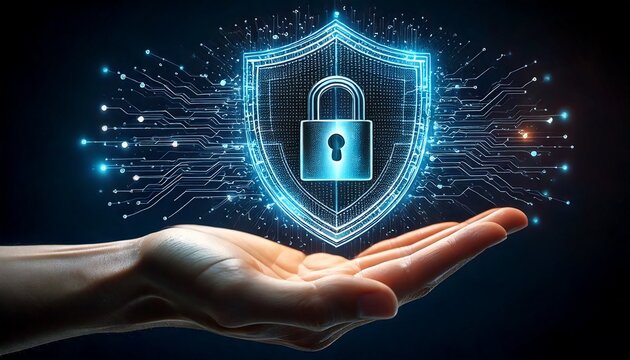 m&atilde;o aberta mostrando cadeado digital no cyberespa&ccedil;o	