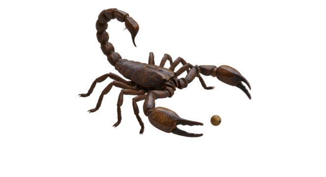 Isolated Scorpion Standing Near Small Spherical Object on White Backdrop