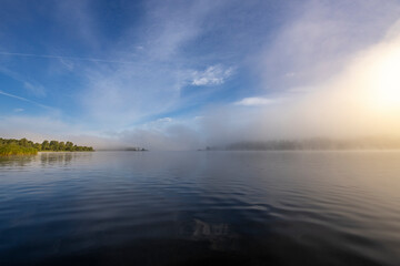 The sky is blue and the water is calm