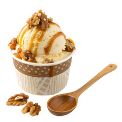 Vanilla Ice Cream with Caramel Drizzle and Candied Walnuts – Gourmet Dessert in a Cup


