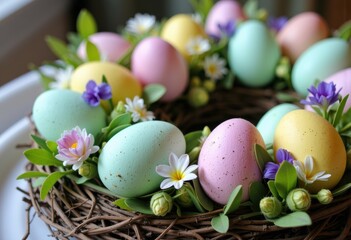 Obraz premium Colorful Easter eggs nestled in a decorative nest with flowers