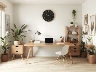 Minimalist Scandinavian home office with natural light, sleek furniture, and cozy textures. A serene and functional workspace with clean lines and modern decor