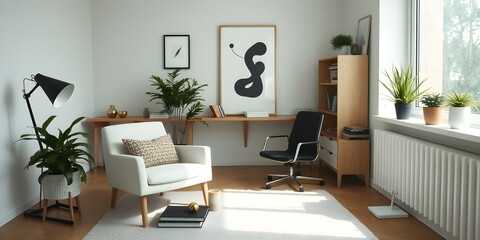 Minimalist Scandinavian home office with natural light, sleek furniture, and cozy textures. A serene and functional workspace with clean lines and modern decor
