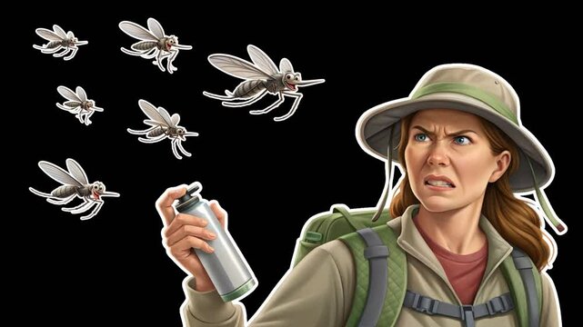 A girl in tourist clothes winced at the sight of mosquitoes and aimed a spray at them. Mosquito protection concept. Smooth animation on transparent background