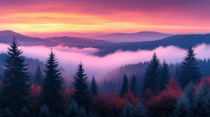 Autumn mountain sunrise with colorful fog