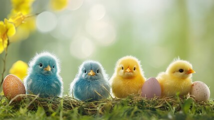 Naklejka premium Three fluffy baby chicks nestled together in a nest with speckled eggs, springtime wildlife scene, cute animal portrait.