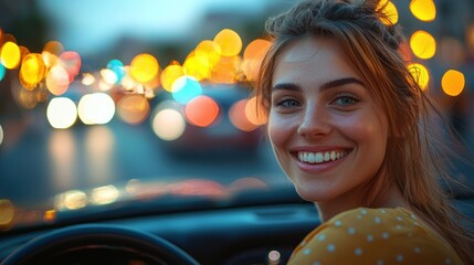 Naklejka premium Night City Drive: A Smiling Woman's Joyful Evening Commute