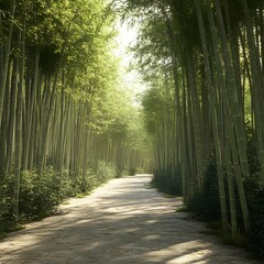 Peaceful bamboo grove surrounded by lush greenery and natural landscape
