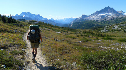 Fototapeta premium Solo hiker on a mountain trail with gear and natural landscape