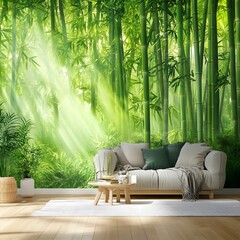 Stunning bamboo forest with tranquil green foliage and sunlit glow
