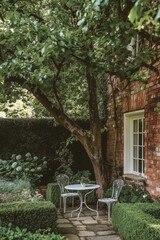 Charming garden seating area under a tree with lush greenery near a brick wall in a peaceful outdoor setting, ideal for relaxation or casual dining