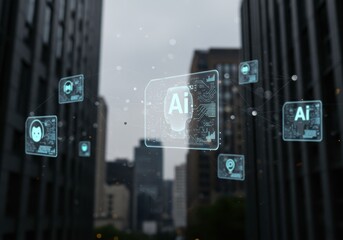 Ai floating among city buildings for artificial intelligence development. Future integration of digital data, machine learning, big data & technology concept