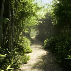 Tranquil bamboo forest setting with clear path and tall stalks