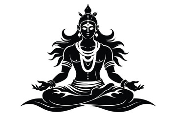 Hindu God Shiva, Lotus Position, Silhouette, Decorative Hair, Black, 