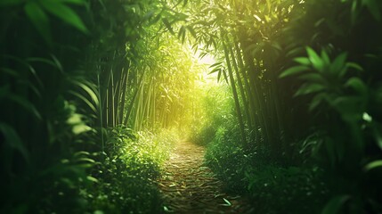 Tranquil Bamboo Pathway with Vibrant Green Bamboo Trees and Foliage