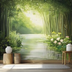 Tranquil bamboo grove with serene, inviting atmosphere and lush landscape